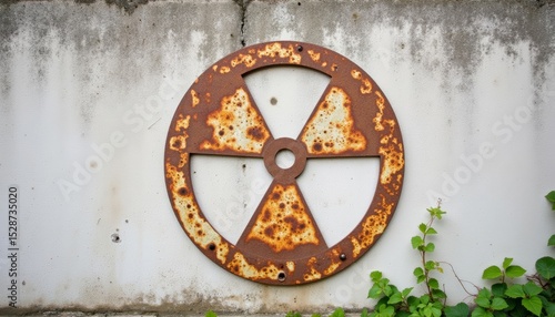 Rusty nuclear disarmament sign on a weathered wall with greenery  