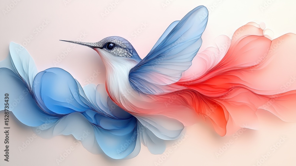 Obraz premium Abstract hummingbird art in soft colors blend of blues whites and reds for a creative modern aesthetic design