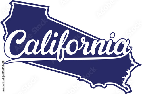 California state outline with script text in blue and white colors