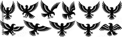 Eagle silhouette collection, flying hawk logo design, raptor icon set, fierce bird illustration, tattoo art, vector graphic pack.