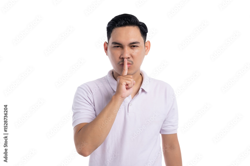 Young man making shushing gesture with finger on lips asking for silence with serious expression isolated on transparent background Young man making shushing gesture with finger on lips asking for silence with serious expression isolated on transparent background