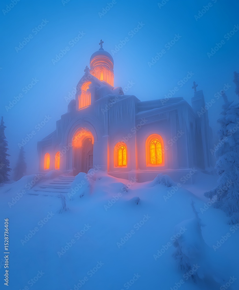 Fototapeta premium A luminous church surrounded by deep snow and a winter atmosphere