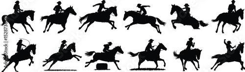 Cowboy horse riding silhouette vector, western rodeo action clipart, galloping horse illustrations, equestrian rider icons
