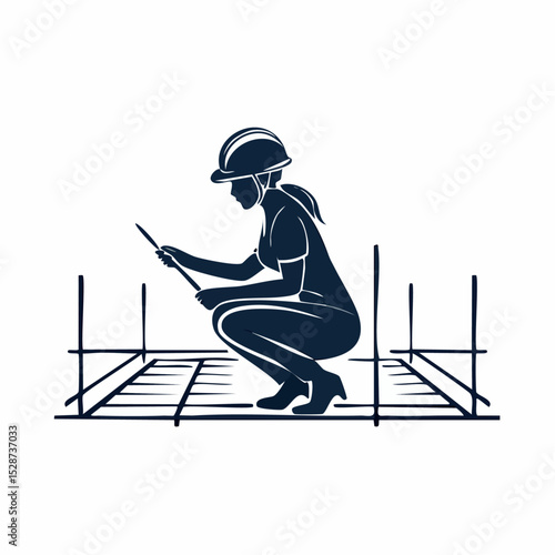 Silhouette of a woman construction worker inspecting a building foundation design