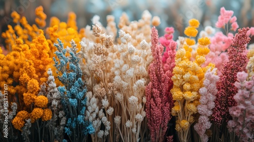 Charming Botanical Display of Vibrant Dried Flowers in Romantic Hues Capturing an Enduring Beauty