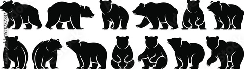 Bear silhouette vector collection, wild animal clipart, black bear shapes, forest wildlife icons, grizzly illustration set,