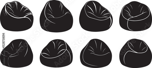 set of bean bag chair silhouette, black and white silhouette, vector and illustration