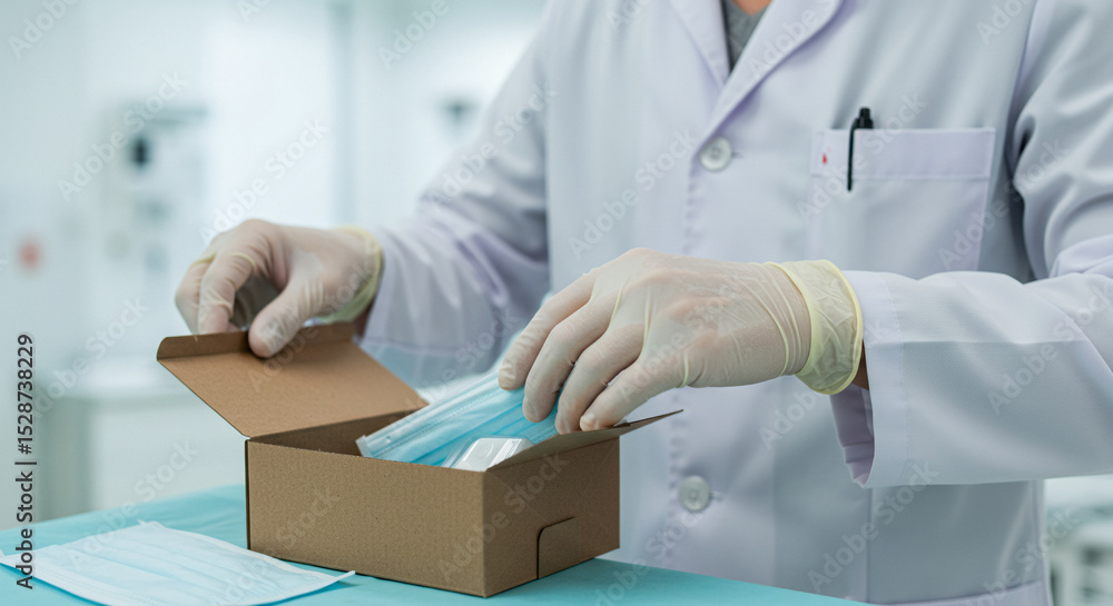 Person in lab coat and gloves opening box of face masks in sterile environment. Person in lab coat and gloves opening box of face masks in sterile environment.