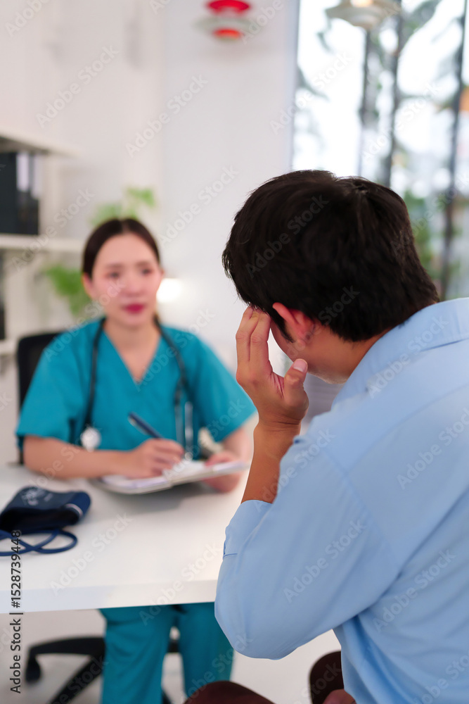 Fototapeta premium Asian Doctor Consulting Patient in Clinic Exam Room Headache Concern Professional Medical Advice Healthcare Checkup Diagnosis Treatment Wellness Hospital Exam