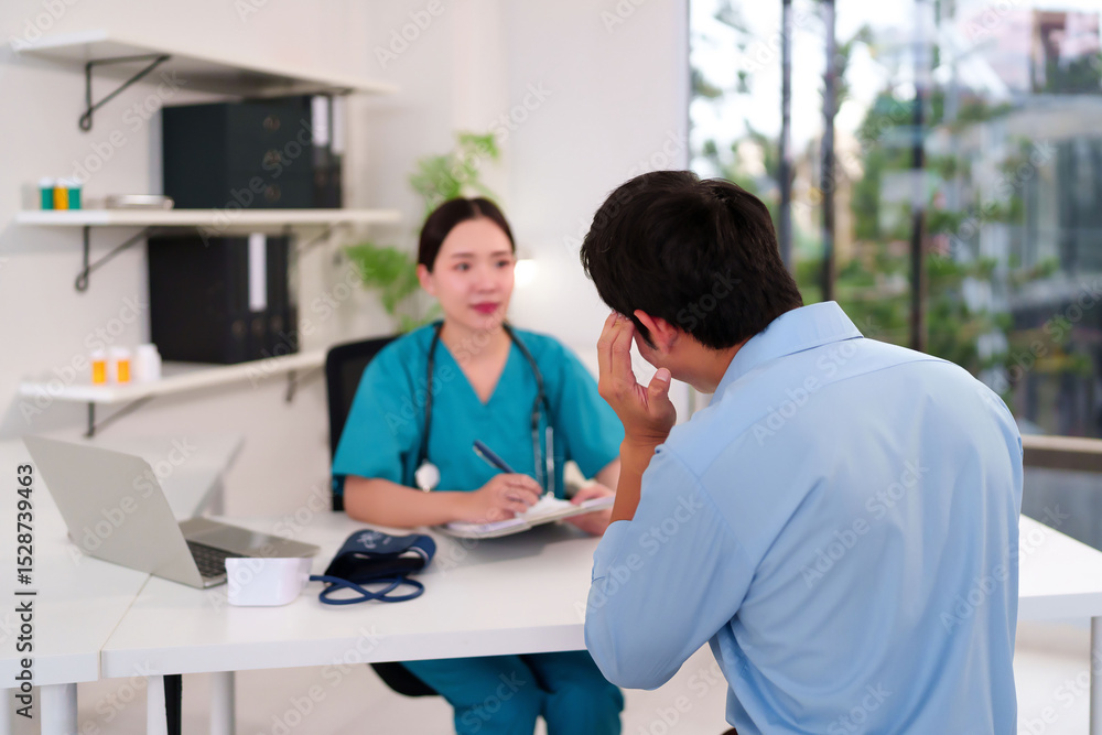Obraz premium Adult Asian Woman Doctor Consults with Male Patient Feeling Headache in Clinic Office Doctor Taking Notes for Sick Man Healthcare