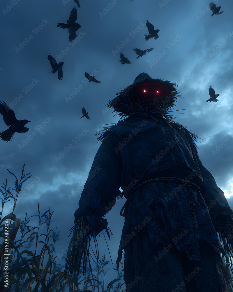 Fototapeta premium A terrifying scarecrow standing in an abandoned cornfield under a stormy night sky, torn clothes, glowing red eyes, crows circling overhead