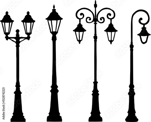 Collection of Ornate and Classic Street Lamp Silhouettes for Urban and Decorative Themes