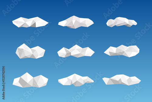 Set of White Low Poly Clouds on Gradient Sky Background – 3D Geometric Cloud Collection
