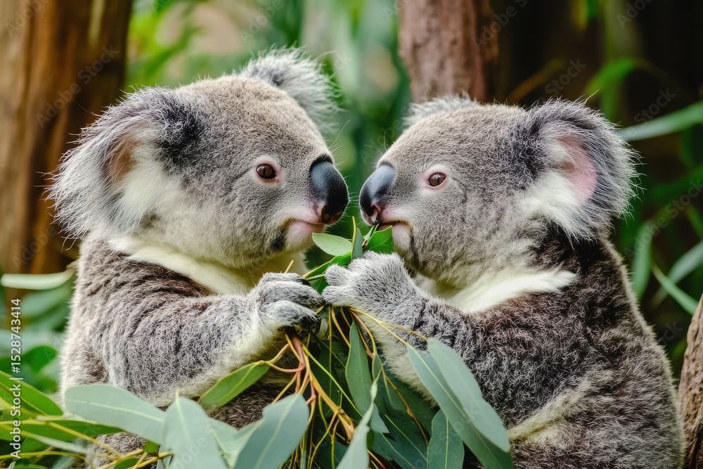 Obraz premium Two koalas enjoying eucalyptus leaves in a wildlife reserve in Australia during daytime, Two Koalas eating leaves in wildlife reserve in Australia