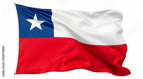 Photorealistic flag of Chile with red, white, and blue elements, and a star in the canton. Isolated on white background with realistic fabric texture and soft natural folds.