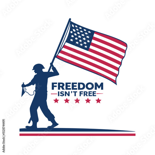 Young Child Waving American Flag – Patriotic Freedom Isn’t Free Illustration for Memorial Day or National Awareness Campaigns