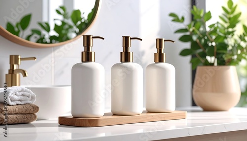Wallpaper Mural Elegant Bathroom Vanity White Soap Dispensers on a Wooden Tray with Greenery. Torontodigital.ca