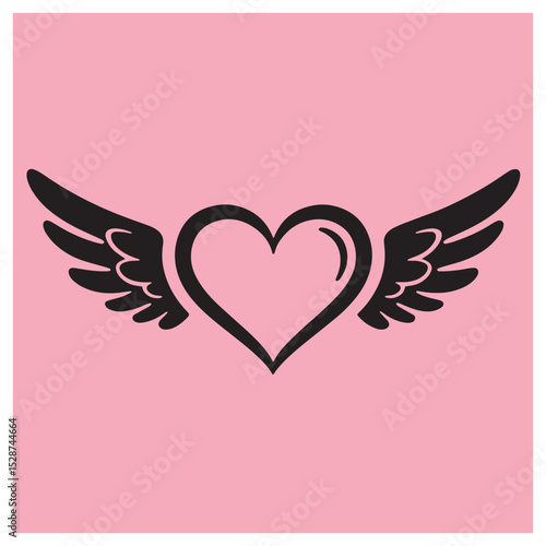 Black heart with wings symbol of love and freedom on a pink background