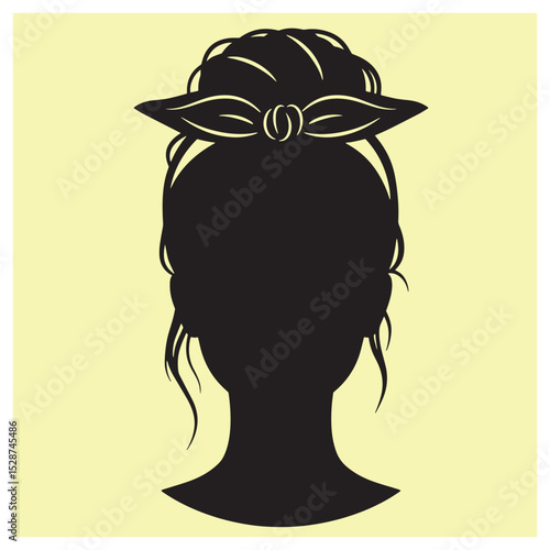 Elegant silhouette of a woman with a stylish updo and hair bow against a yellow background