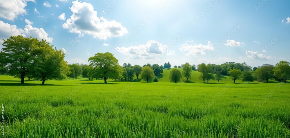 Obraz premium Lush green field dotted with trees under a bright sky, spring, background