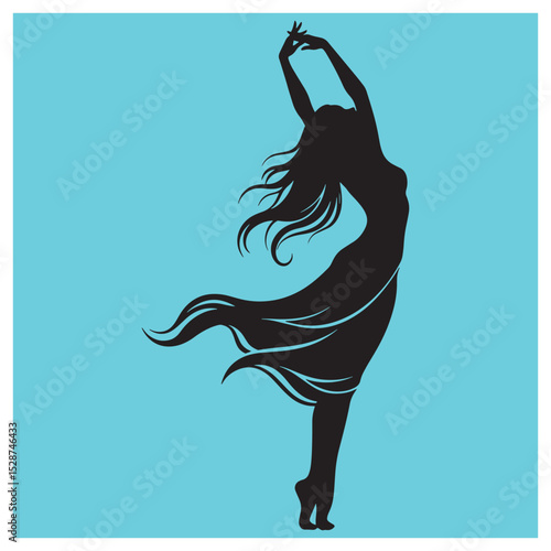Silhouette of a dancing woman with flowing hair and dress on a blue background