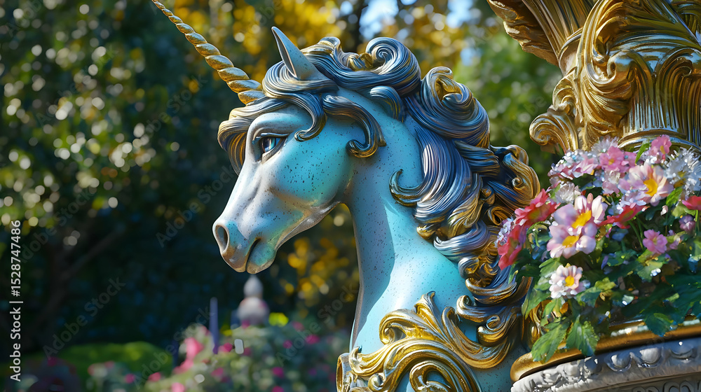 Fototapeta premium Ornate Unicorn Statue With Floral Decor