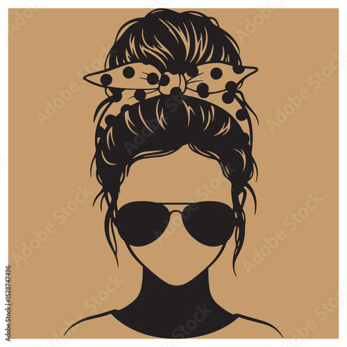 Silhouette of a woman with sunglasses and a messy bun hairstyle on a neutral background