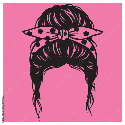 Vector illustration of a messy bun hairstyle with a floral bow against a pink background