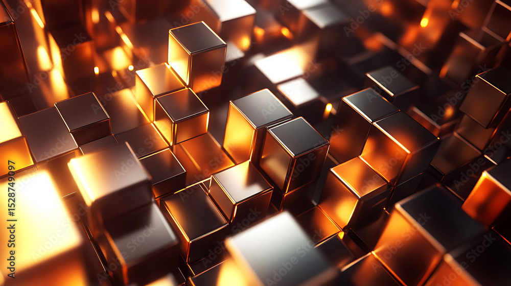 A dynamic abstract background of metallic cubes in a range of warm hues like amber and orange, with light sources coming from various angles to create captivating shadows and reflections, A dynamic abstract background of metallic cubes in a range of warm hues like amber and orange, with light sources coming from various angles to create captivating shadows and reflections,