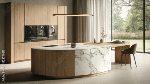 Modern kitchen design featuring a curved island with wood and marble, integrated appliances, and a minimalist aesthetic
