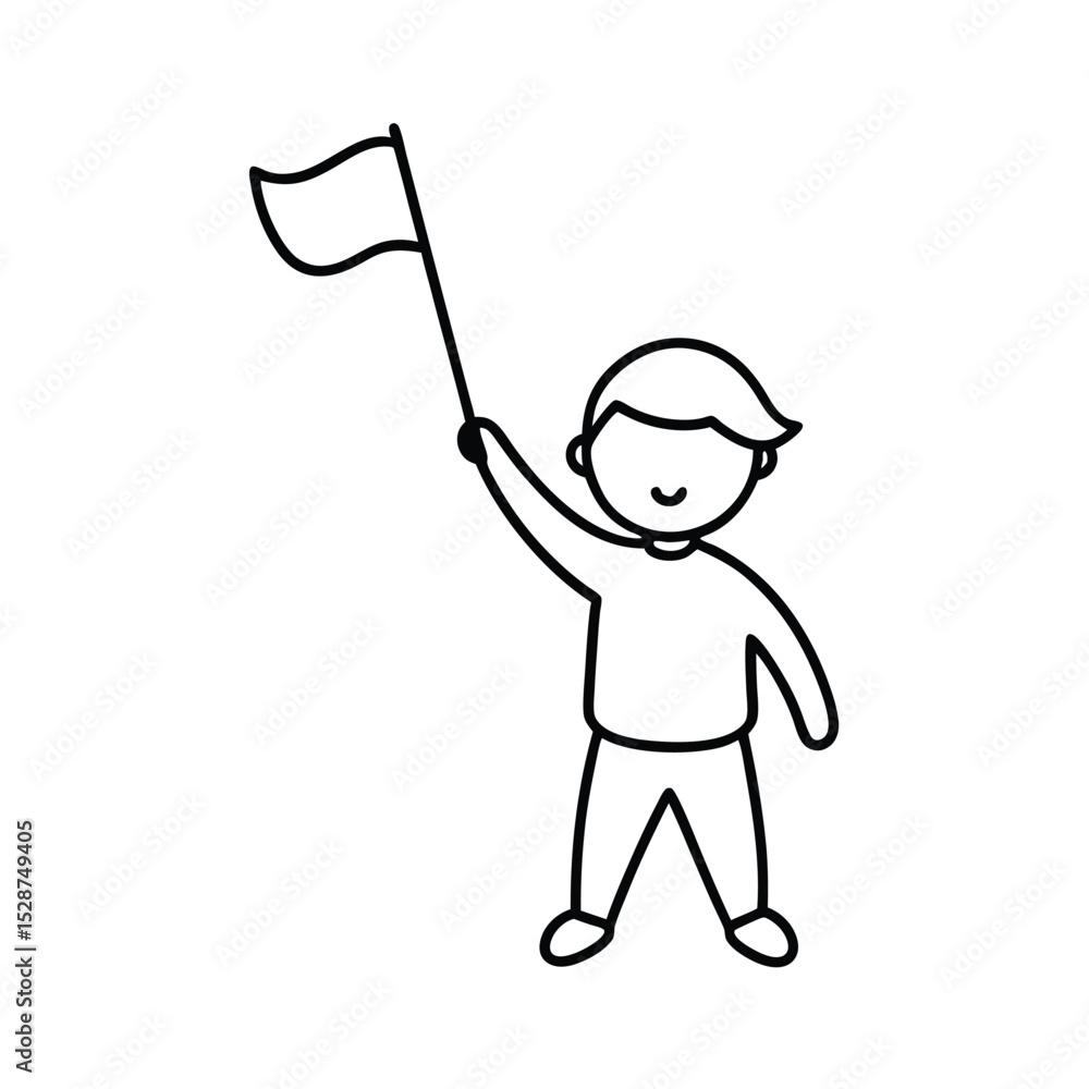 Happy boy holding a flag line drawing illustration Happy boy holding a flag line drawing illustration