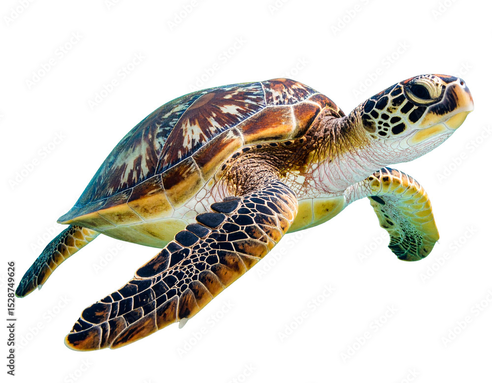 Fototapeta premium Close-up of a sea turtle swimming, isolated on transparent background. Beautiful marine animal with detailed shell and flippers, ideal for ocean, wildlife, and nature-themed designs.