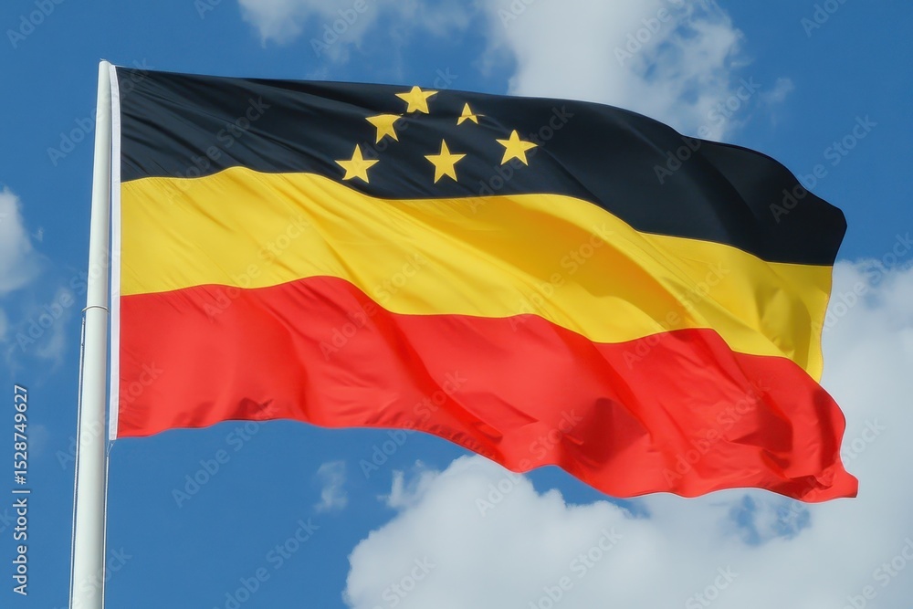 Naklejka premium Flag of Germany waving in the breeze against a blue sky with fluffy clouds showcasing national colors, The flag of Germany waving in the breeze, realistic 3D, under blue sky and white clouds