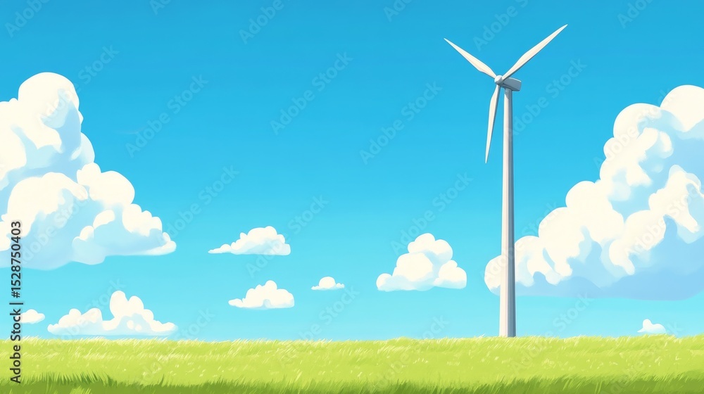 Fototapeta premium Wind turbine in a vibrant grassy field beneath a clear blue sky, representing the promise of renewable energy for a sustainable future
