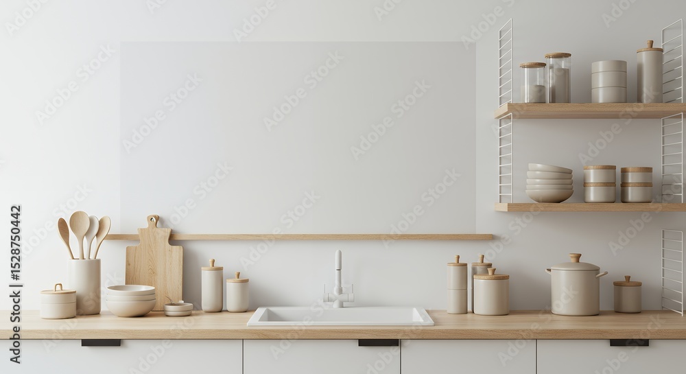 Fototapeta premium Minimalist Beige and White Kitchen Shelf with Wooden Utensils