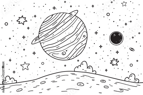 Flat Design of Beautiful Landscape in Planet Surface with Rock Stone in Outer Space