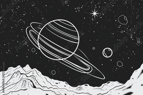 Flat Design of Beautiful Landscape in Planet Surface with Rock Stone in Outer Space