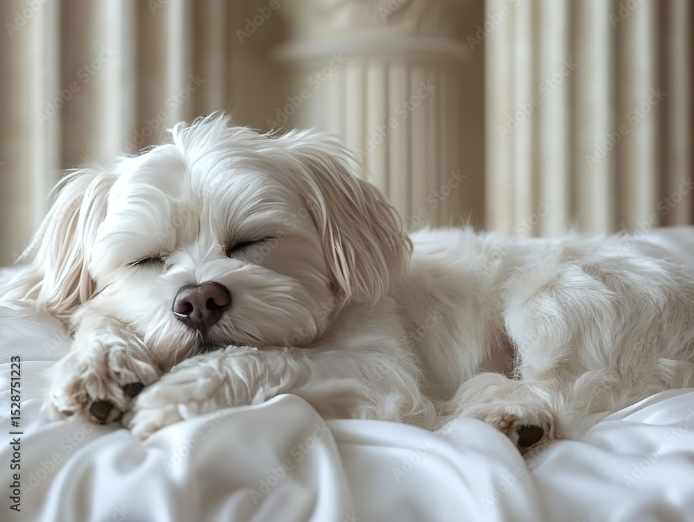 White Maltese dog sleeping peacefully on pristine bedding with serene expression. Elegant home setting ideal for pet product design, animal behavior visuals, therapeutic illustrations White Maltese dog sleeping peacefully on pristine bedding with serene expression. Elegant home setting ideal for pet product design, animal behavior visuals, therapeutic illustrations
