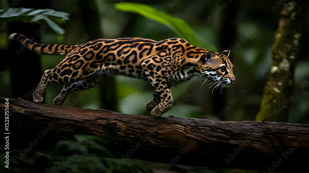 Naklejka premium Jaguarundi Running On Tree Branch In Tropical Forest
