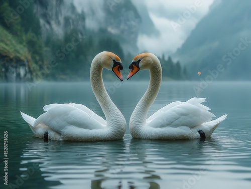 Fototapeta Naklejka Na Ścianę i Meble -  Two swans facing each other forming heart shapes with curved necks on misty mountain lake. Monogamous symbolism for wedding themes, emotional wellness visuals, wetland conservation