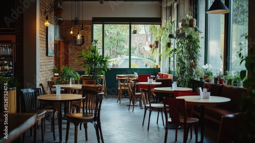 International Coffee Day 1 October, A cozy coffee shop with wooden tables and chairs, adorned with plants in pots hanging on the walls.
