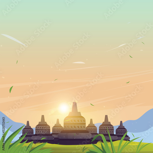 Illustration of Borobudur temple view with beautiful scenery