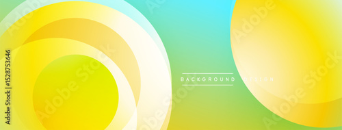 Abstract background features layered circles, vibrant yellow, turquoise gradients. Modern design evokes energy, optimism, smooth transitions.