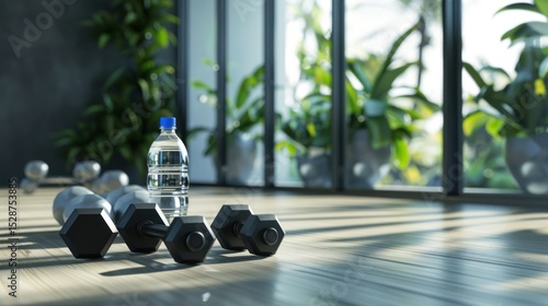 Dumbbells, water bottle, gym, sunlight, plants
