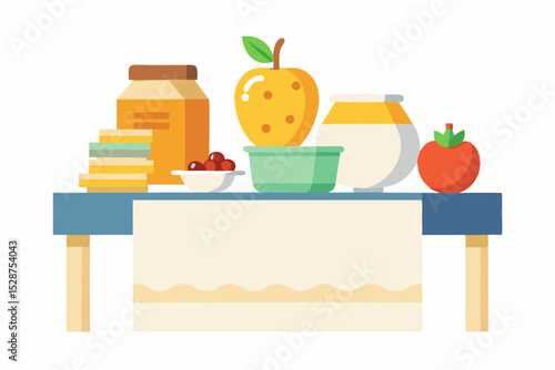 table covered linen labeled farm items