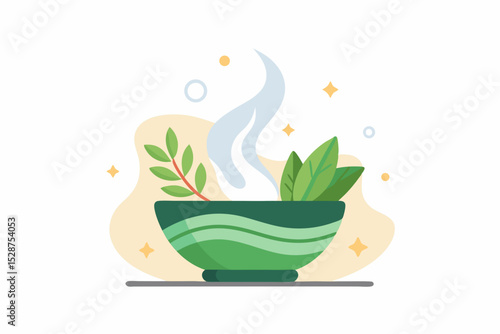steaming bowl herbal leaf towel calm