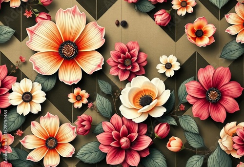 Art Deco style floral wallpaper, geometric shapes & vintage blooms, seamless pattern,  texture