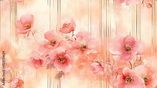 A delicate watercolor painting of soft pink peonies layered over thin metallic gold vertical stripes, shimmering under soft light. Created Using: watercolor on textured paper, metallic leaf accents,