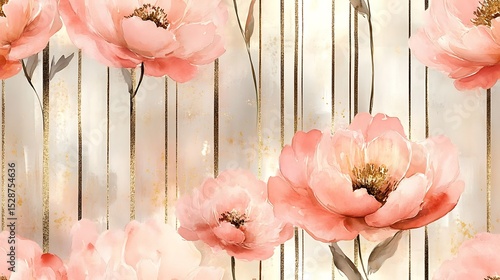 A delicate watercolor painting of soft pink peonies layered over thin metallic gold vertical stripes, shimmering under soft light. Created Using: watercolor on textured paper, metallic leaf accents,