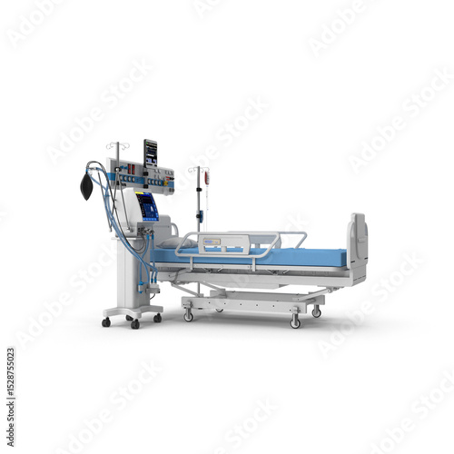 Modern ICU Hospital Bed with Ventilator and Monitoring Equipment Isolated on Transparent Background